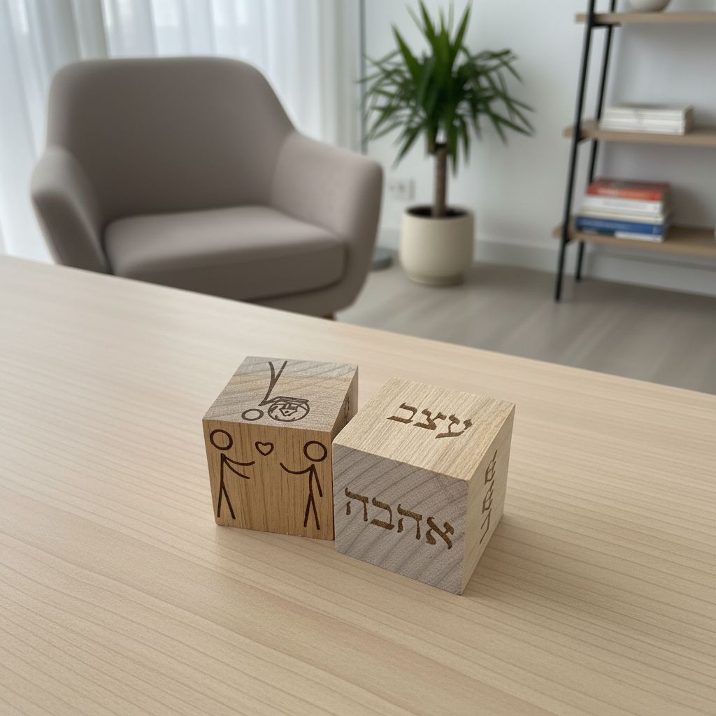 קוביות עץ עם מילים ואיורים מתוך ערכת הקלפים, מונחות על שולחן